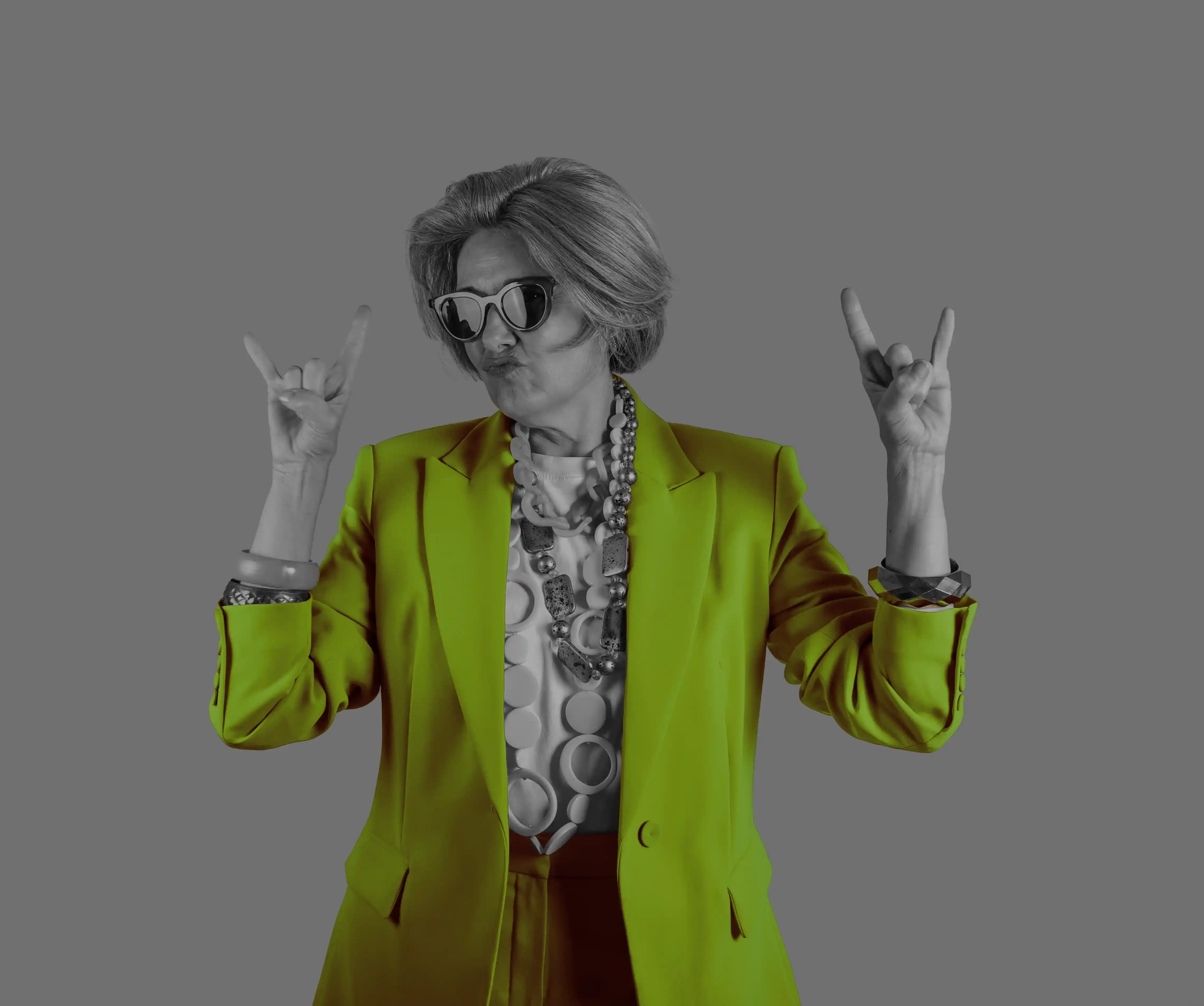 Lady showing her heavy metal horns in sinsou colours